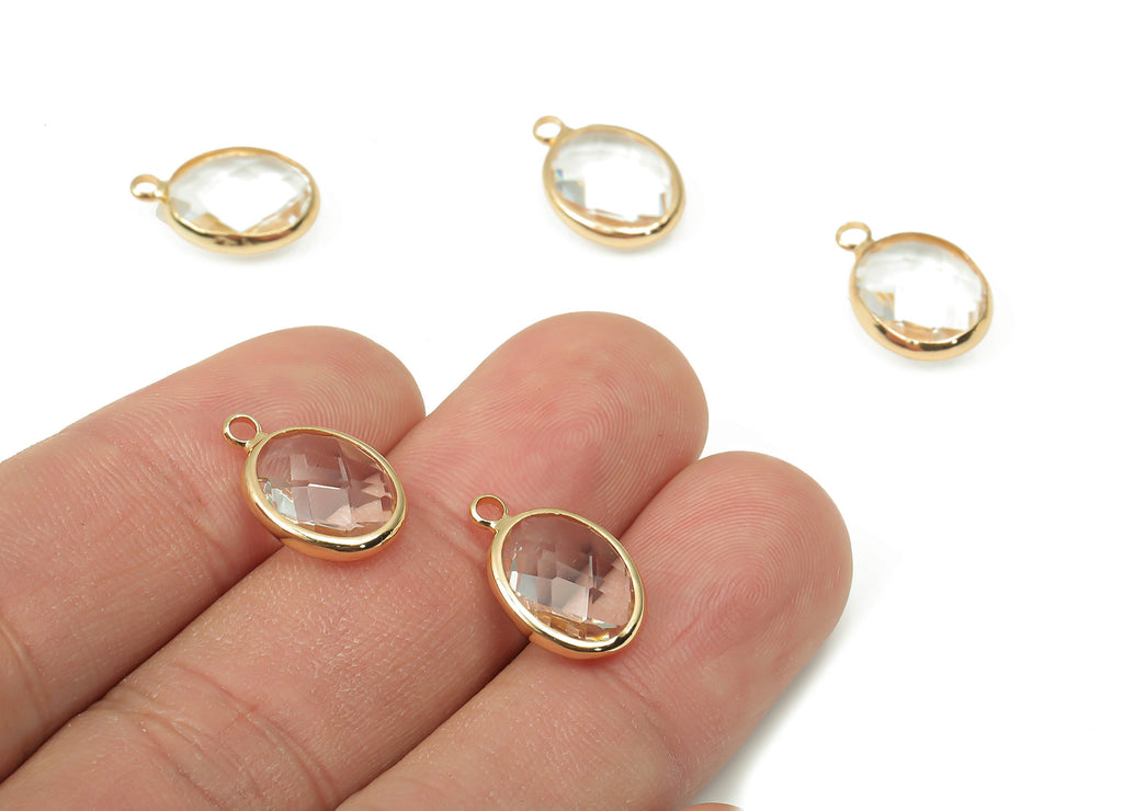 Glass Oval Earring Charms With Loop - Clear Brass Oval Frame Pendant - Gold Tone Plated Brass - Faceted Glass - 16.08x10.6x4.38mm - GS1145D - DOMEDBAZAAR