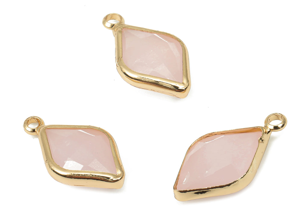 Glass Rhombic Earring Charms - Pink Brass Rhombic Frame Pendant - Gold Tone Plated Brass - Faceted Glass - 17.83x9.95x4.86mm - GS1146D - DOMEDBAZAAR