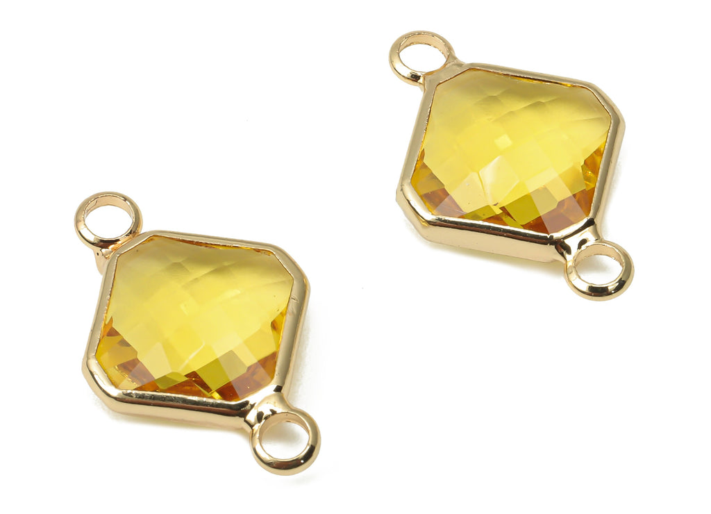 Glass Diamond Earring Connectors - Yellow Brass Rhombic Frame Bracelet - Gold Tone Plated Brass - Faceted Glass - 19.1x12.2x4.85mm - GS1136D - DOMEDBAZAAR