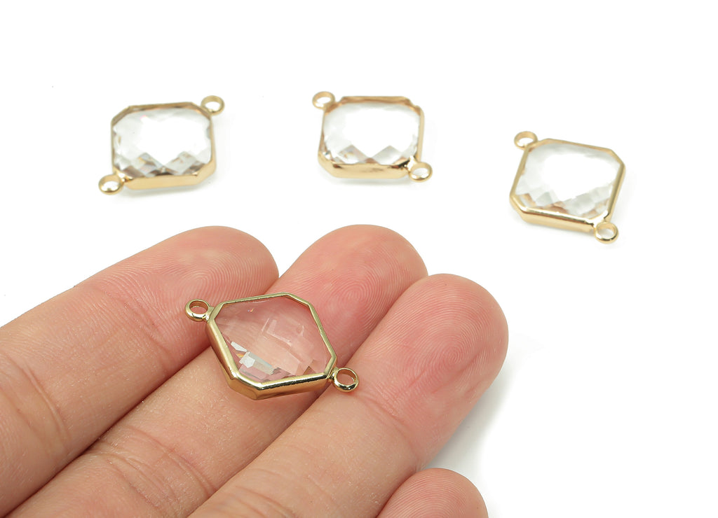 Glass Diamond Earring Connectors - Clear Brass Rhombic Frame Bracelet - Gold Tone Plated Brass - Faceted Glass - 23.89x17.12x5.1mm - GS1148A - DOMEDBAZAAR