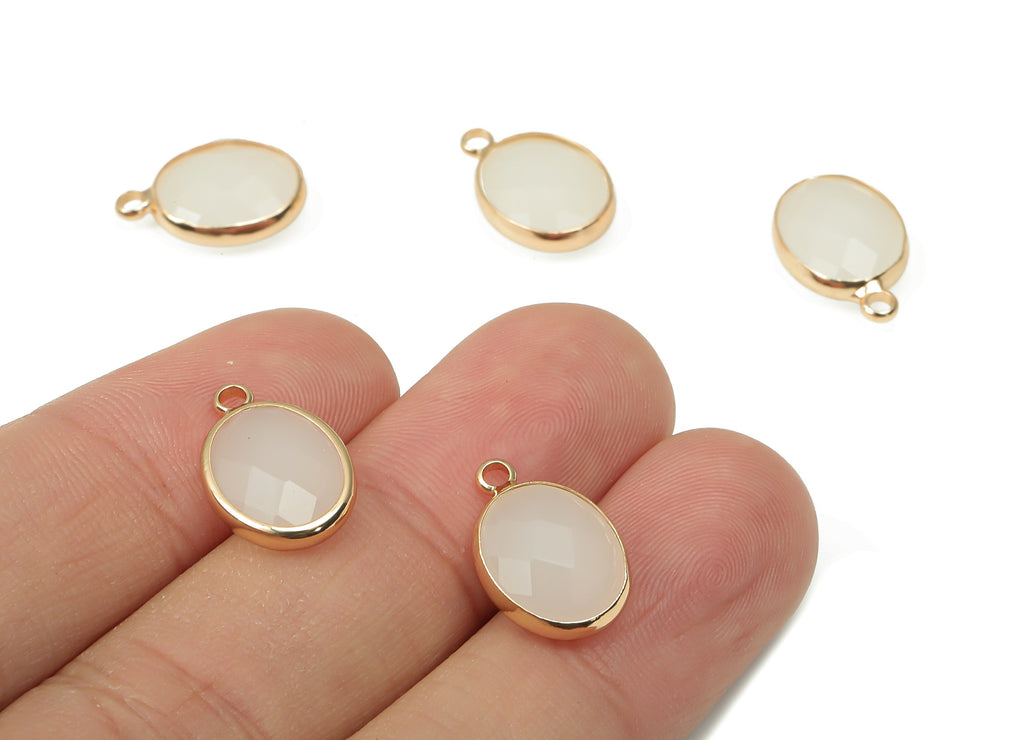 Glass Oval Earring Charms With Loop - White Brass Oval Frame Pendant - Gold Tone Plated Brass - Faceted Glass - 16.08x10.6x4.38mm - GS1145B - DOMEDBAZAAR