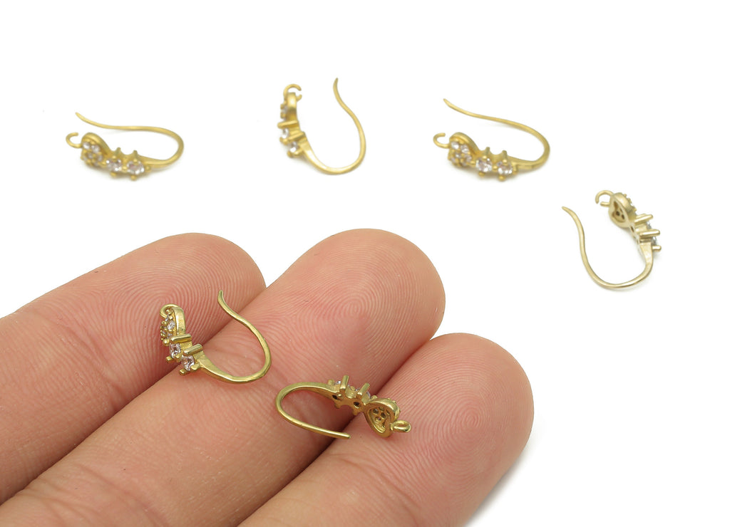 Raw Brass Ear Wires with Heart Adornment - Zircon Paved Ear Wire Hooks - Jewelry Making Supplies - Earring Findings -14.35x8.9x2.6mm- PP7513 - DOMEDBAZAAR