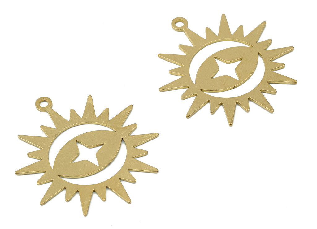 Brass Crescent Star Sun Earring Charm - Raw Brass Sunray Pendent Charms - Celestial Charm - Laser Cut Jewelry - 35.64x31.21x0.76mm - PPA3998 - DOMEDBAZAAR