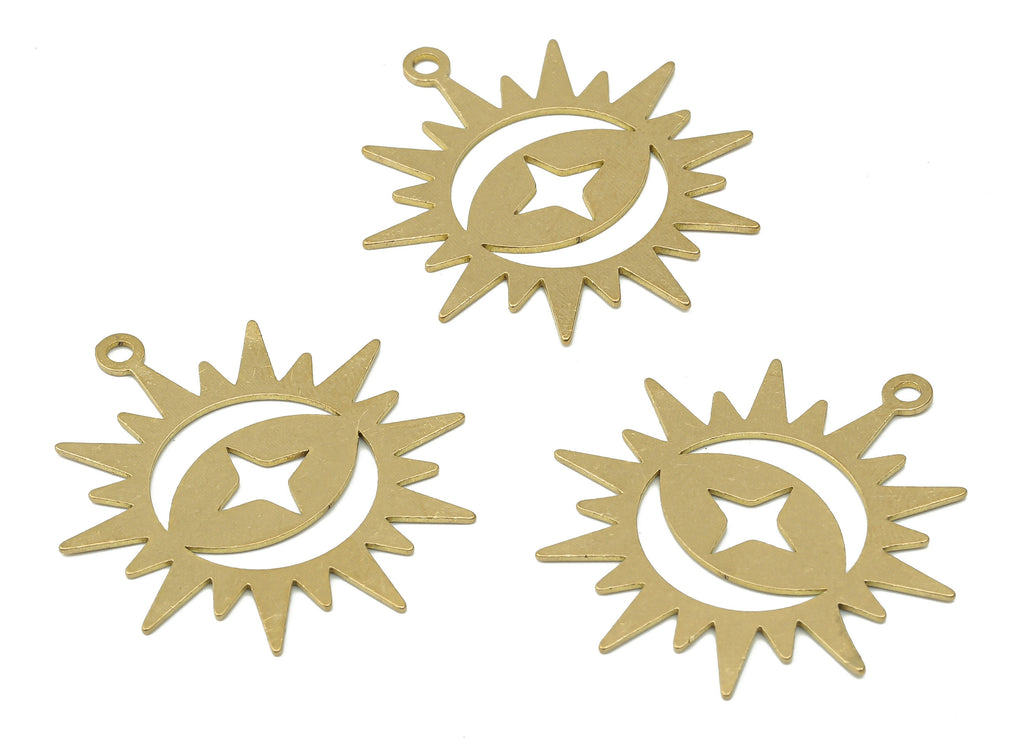 Brass Crescent Star Sun Earring Charm - Raw Brass Sunray Pendent Charms - Celestial Charm - Laser Cut Jewelry - 35.64x31.21x0.76mm - PPA3998 - DOMEDBAZAAR