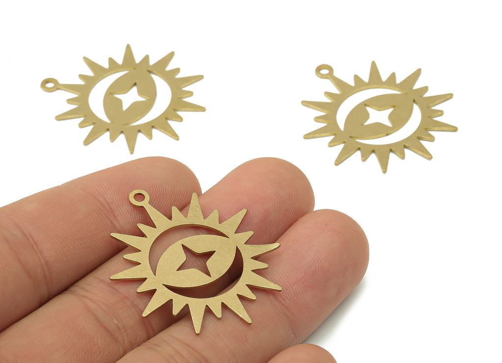 Brass Crescent Star Sun Earring Charm - Raw Brass Sunray Pendent Charms - Celestial Charm - Laser Cut Jewelry - 35.64x31.21x0.76mm - PPA3998 - DOMEDBAZAAR
