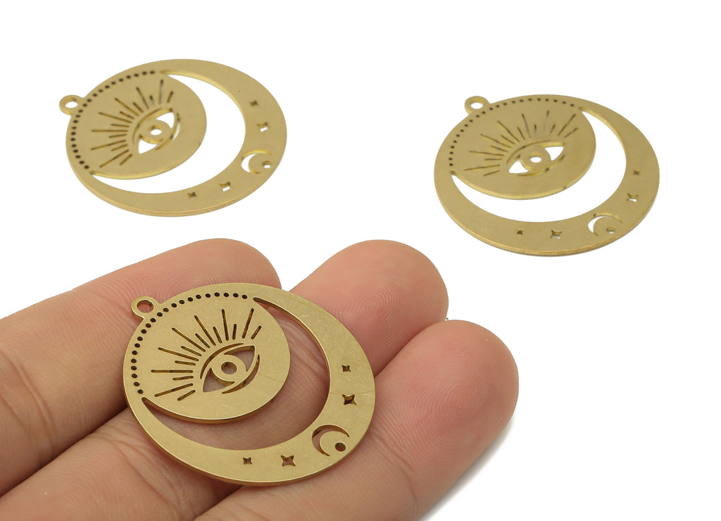 Evil Eye Pendent Charms - Raw Brass Moon and Evil Eye Earring Charms - Brass Laser Cut Crescent Pendant Charm -34.76x31.99x0.75mm- PPA4004 - DOMEDBAZAAR