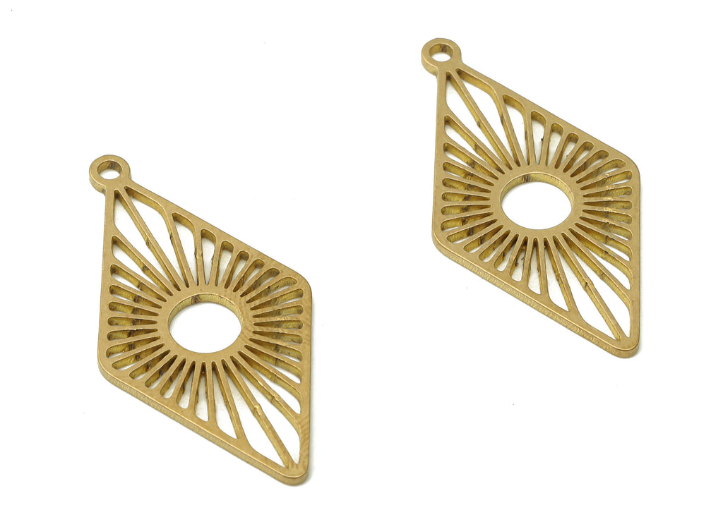 Raw Brass Diamond Shaped Earring Charms - Brass Sunburst Pendant Charms - Laser Cut Charms - Jewelry Supplies - 31.65x16.16x0.9mm - PPA4013 - DOMEDBAZAAR