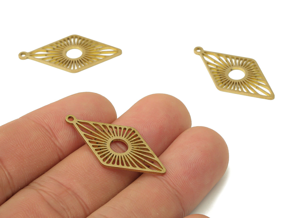 Raw Brass Diamond Shaped Earring Charms - Brass Sunburst Pendant Charms - Laser Cut Charms - Jewelry Supplies - 31.65x16.16x0.9mm - PPA4013 - DOMEDBAZAAR