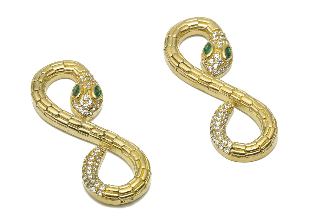 Brass Infinity Snake Connectors with Zircons - Raw Brass Textured Snake Earrings - Brass Green Eye Snake Pendant - 34x12.34x3.66mm - PP7668 - DOMEDBAZAAR