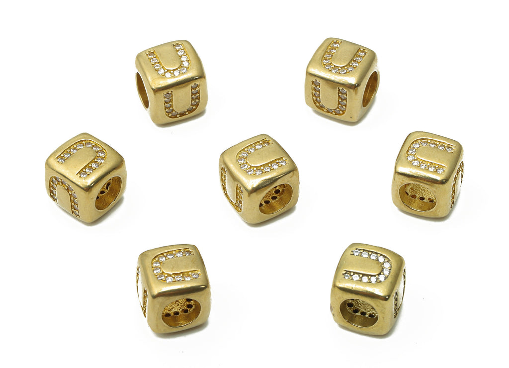 Alphabet Cube Bead U - Brass Initial Letter U - Raw Brass Zircon Letters Beads - Letter U Cube Bead - 8.63x8.63x 8.46mm - PP7804U - DOMEDBAZAAR