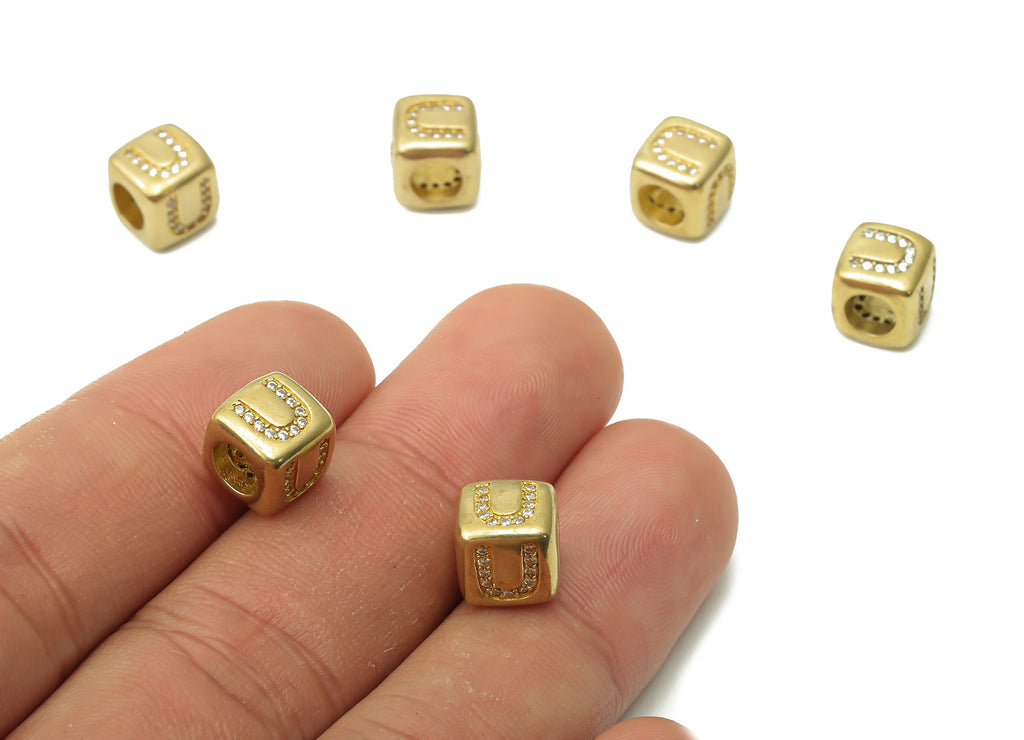Alphabet Cube Bead U - Brass Initial Letter U - Raw Brass Zircon Letters Beads - Letter U Cube Bead - 8.63x8.63x 8.46mm - PP7804U - DOMEDBAZAAR