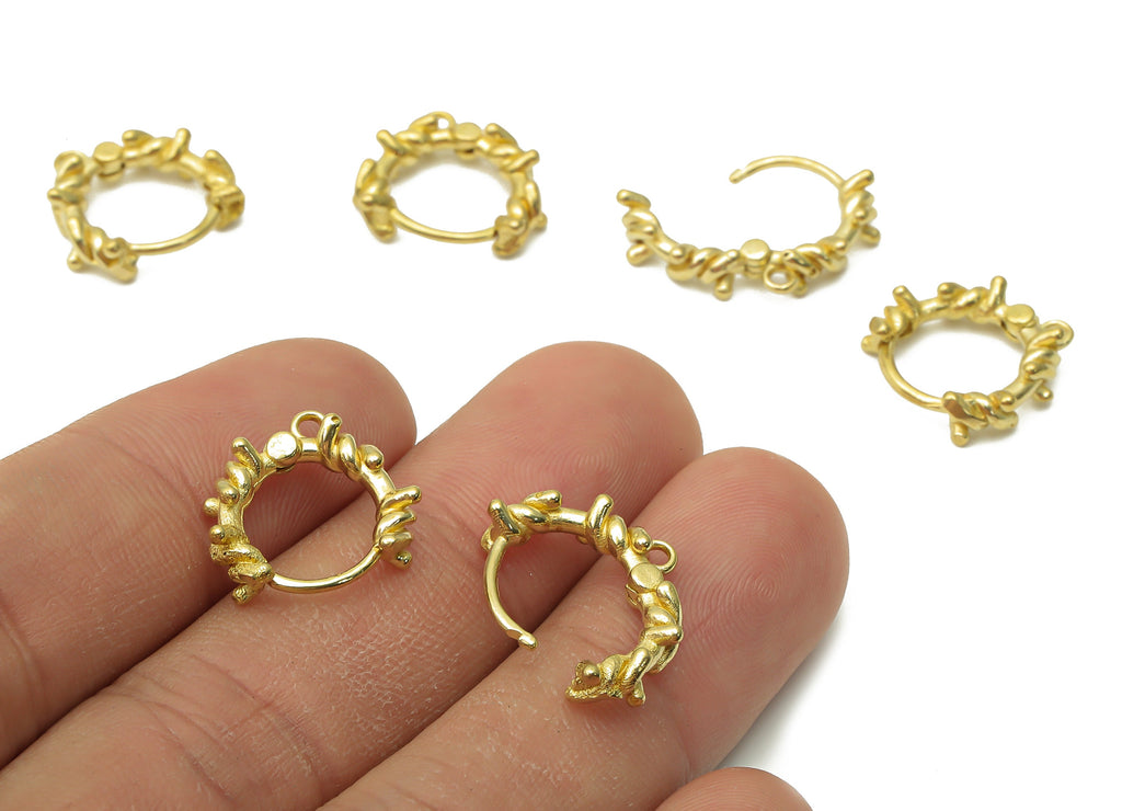Brass Round Earrings Clasps - Raw Brass Curled Earring - Brass Textured Hoop With Loop - Brass Round Huggie Clasps - 15.1x14.8x3mm - PP7608 - DOMEDBAZAAR