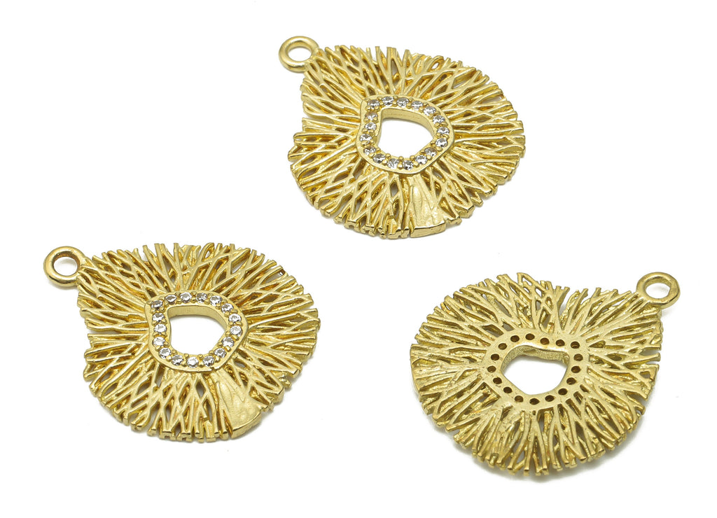 Brass Coral Earring Charm With Zircon - Raw Brass Irregular Wires Charms - Brass Round Pendant - 20.22x16.6x1.02mm - PP7746 - DOMEDBAZAAR