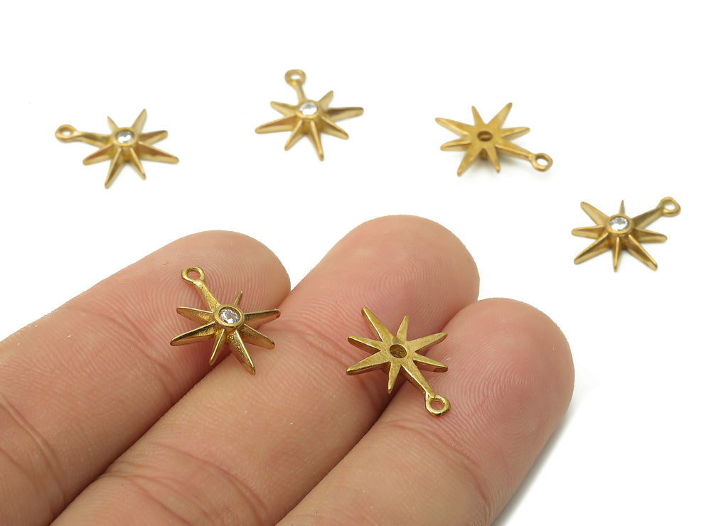 Brass Planet Earring Charms - Raw Brass North Star Charm With Zircon - Brass North Star Pendant - Earring Charm - 15.6x13.8x2.56mm - PP7681 - DOMEDBAZAAR