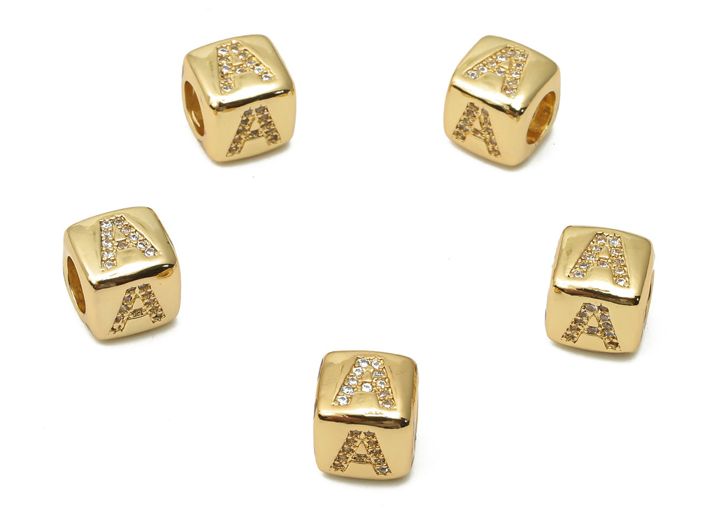 Alphabet Cube Bead A - Initial Letter A - Letters Beads Bracelet - Zircon Bead Necklace - 18K Real Gold Plated - 8.63x8.63x8.46mm - RGP4782A - DOMEDBAZAAR