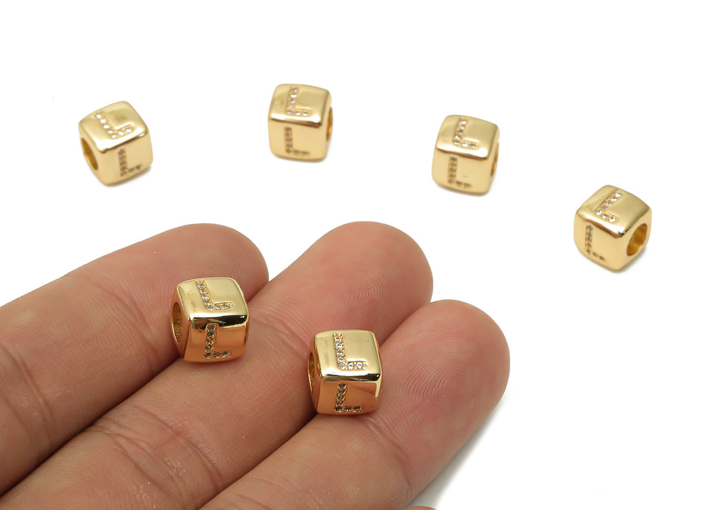 Alphabet Cube Bead L With Zircon- Brass Initial Letters L Beads Bracelet - Bead Necklace- 18K Real Gold Plated - 8.63x8.63x8.46mm - RGP4782L - DOMEDBAZAAR