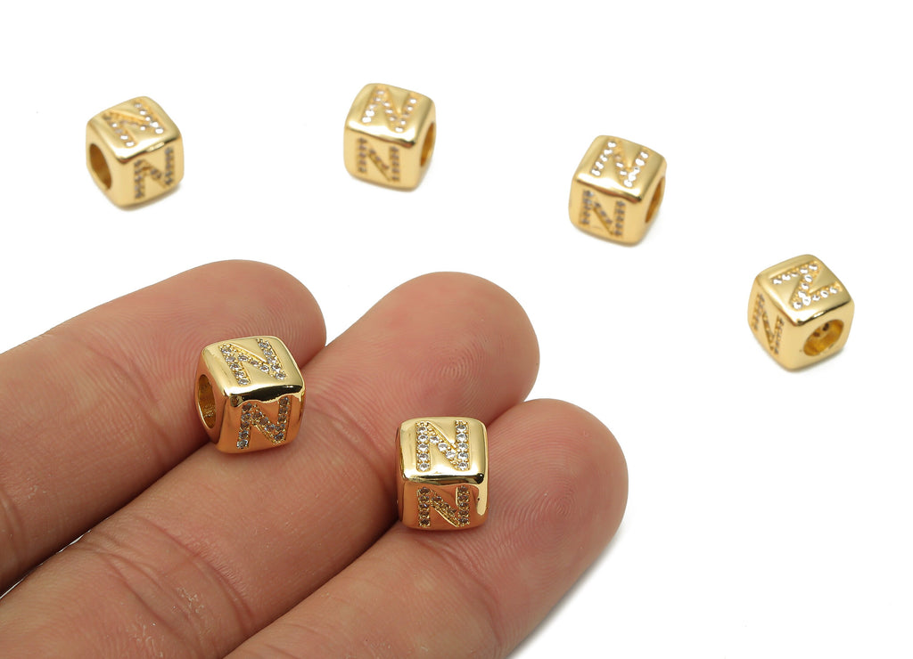Alphabet Cube Bead N With Zircon- Brass Initial Letters N Beads Bracelet - Bead Necklace- 18K Real Gold Plated - 8.63x8.63x8.46mm - RGP4782N - DOMEDBAZAAR