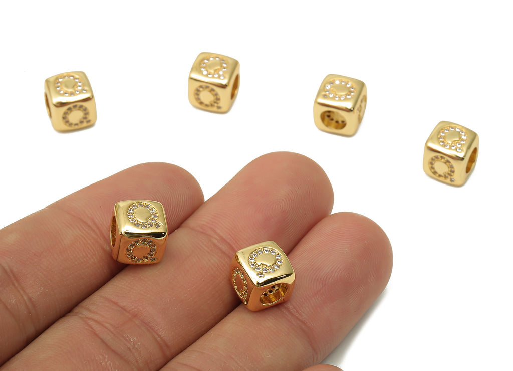 Alphabet Cube Bead Q With Zircon- Brass Initial Letters Q Beads Bracelet - Bead Necklace- 18K Real Gold Plated - 8.63x8.63x8.46mm - RGP4782Q - DOMEDBAZAAR