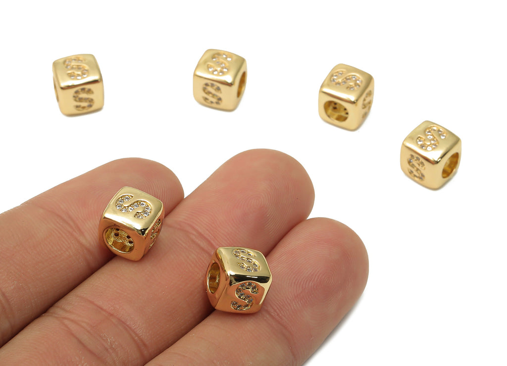Alphabet Cube Bead S With Zircon- Brass Initial Letters S Beads Bracelet - Bead Necklace- 18K Real Gold Plated -8.63x8.63x8.46mm - RGP4782S - DOMEDBAZAAR