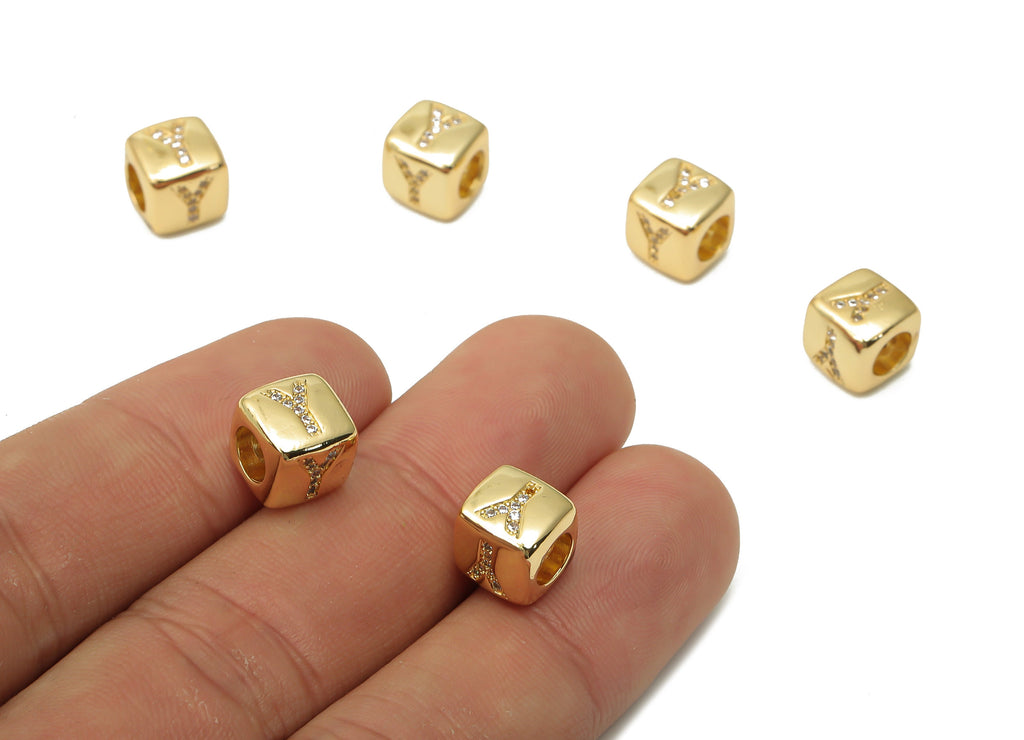Alphabet Cube Bead Y With Zircon- Brass Initial Letters Y Beads Bracelet - Bead Necklace- 18K Real Gold Plated - 8.63x8.63x8.46mm - RGP4782Y - DOMEDBAZAAR