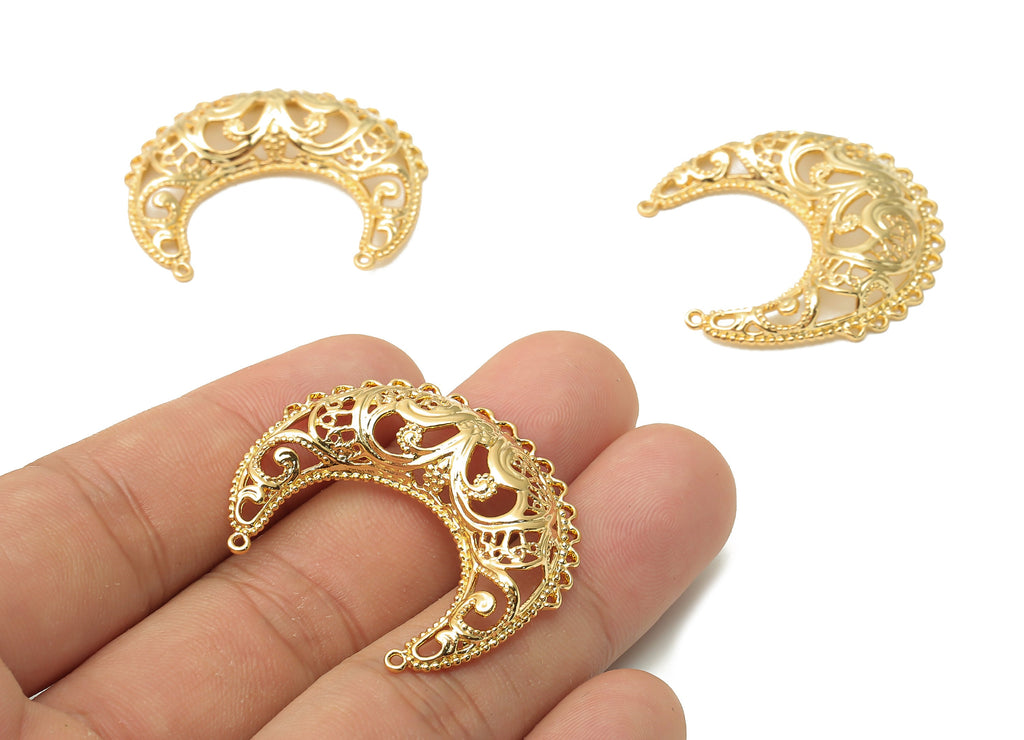 Brass Crescent Earrings Charm - Brass Textured Connectors - Brass Raised Moon Pendant - 18K Real Gold Plated - 37.16x34.47x2.48mm - RGP4785 - DOMEDBAZAAR