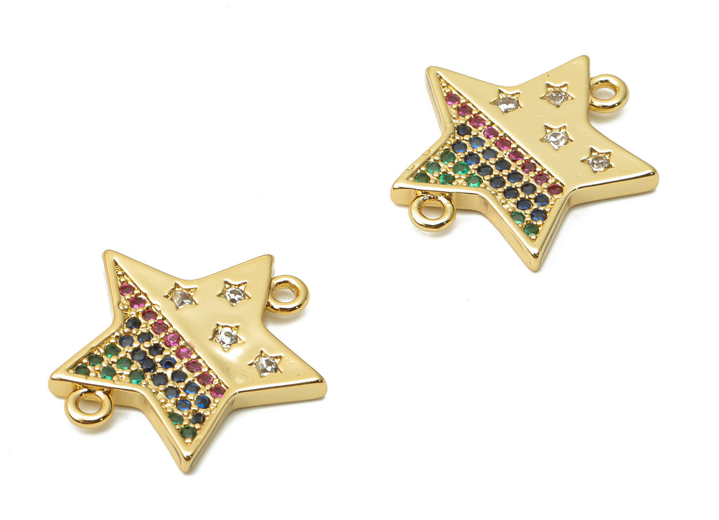Brass Rainbow Star Earring Connectors with Zircons - Brass Star Connectors - 18K Real Gold Plated - 17.14x17.44x1.78mm - RGP4863 - DOMEDBAZAAR