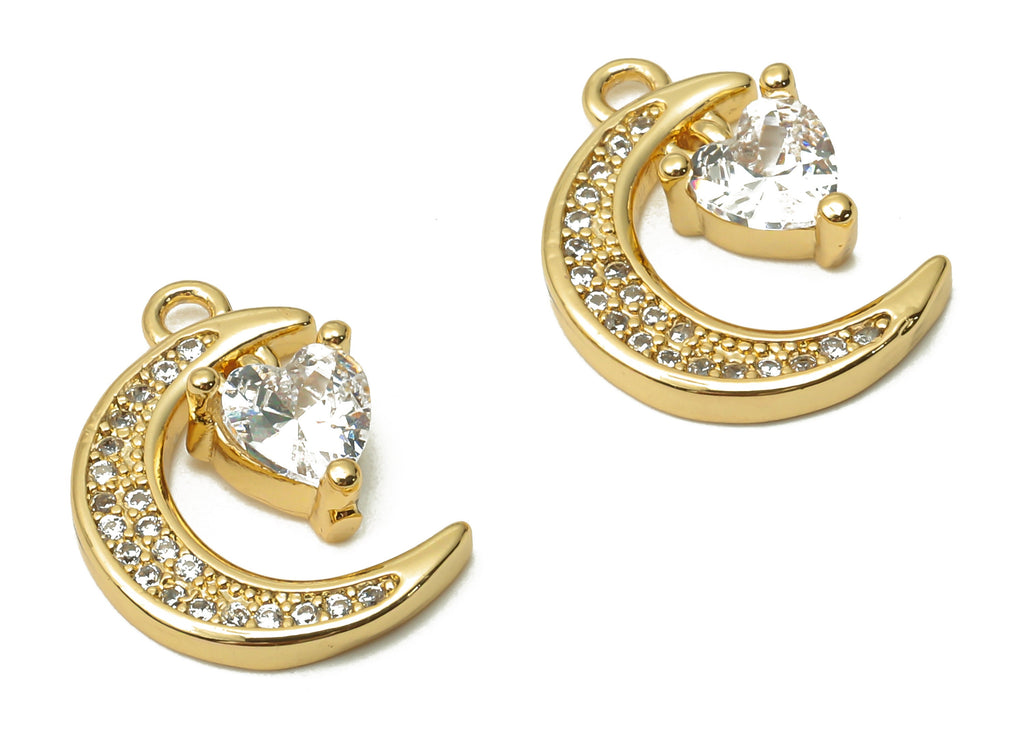 Brass Crescent Earrings Charms With Zircon - Moon Necklace Pendant - Heart Diamond - 18K Real Gold Plated -16.05x11.36x3.8mm - RGP4866 - DOMEDBAZAAR