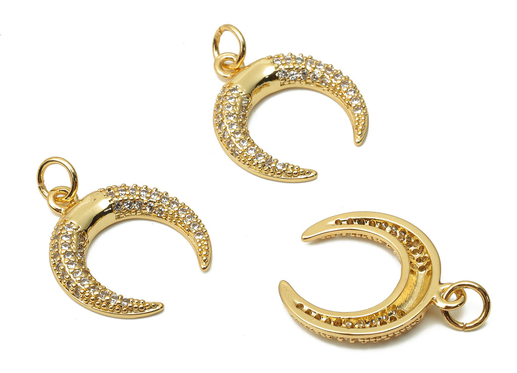 Brass Crescent Earring Charms - Brass Moon Pendant with Zircon - Brass Moon Pendant  - 18K Real Gold Plated - 20.95x16.14x2.48mm - RGP4870 - DOMEDBAZAAR