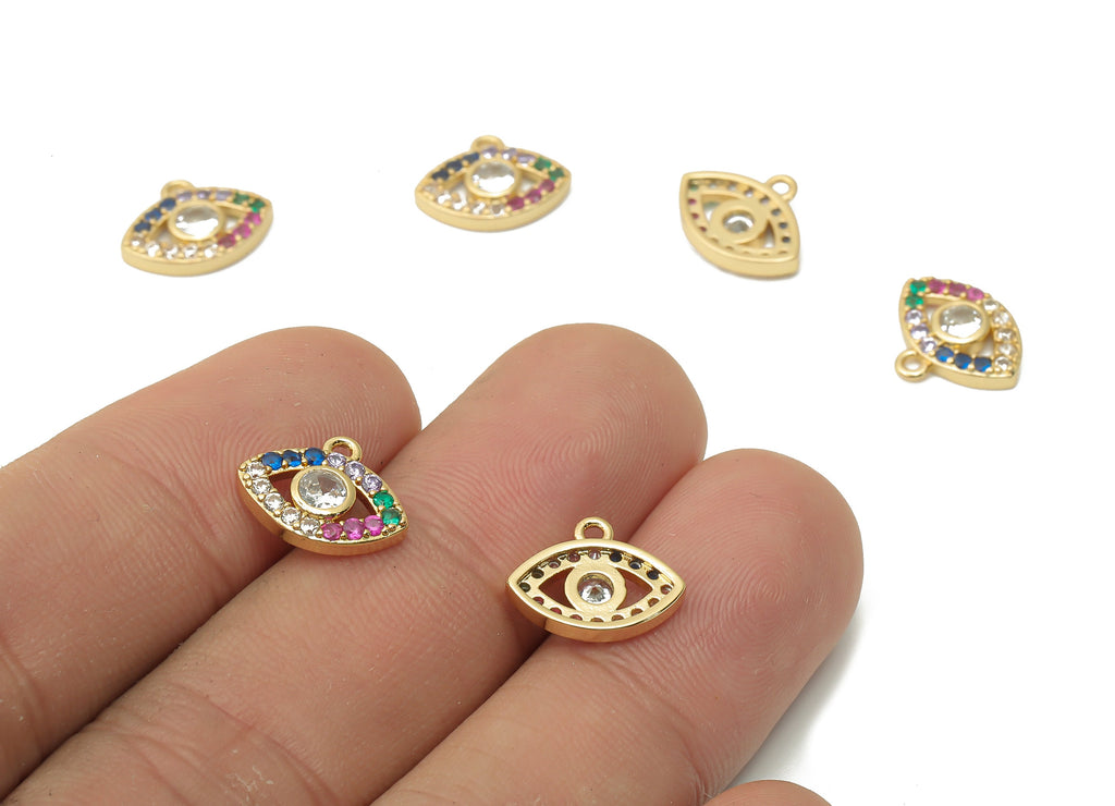 Brass Eyelash Earring Charms with Zircon - Brass Eye Rainbow Earrings - Brass braceler - 18K Real Gold Plated - 10.04x12.4x1.9mm - RGP4871 - DOMEDBAZAAR