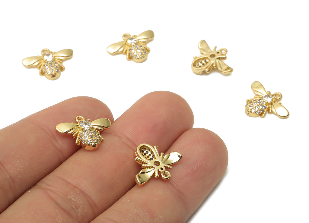 Brass Bee Earring Charms - Brass Bee Pendant with Zircon - Brass Wings Earring - 18K Real Gold Plated Brass - 15.84x12.74x3.2mm - RGP4875 - DOMEDBAZAAR