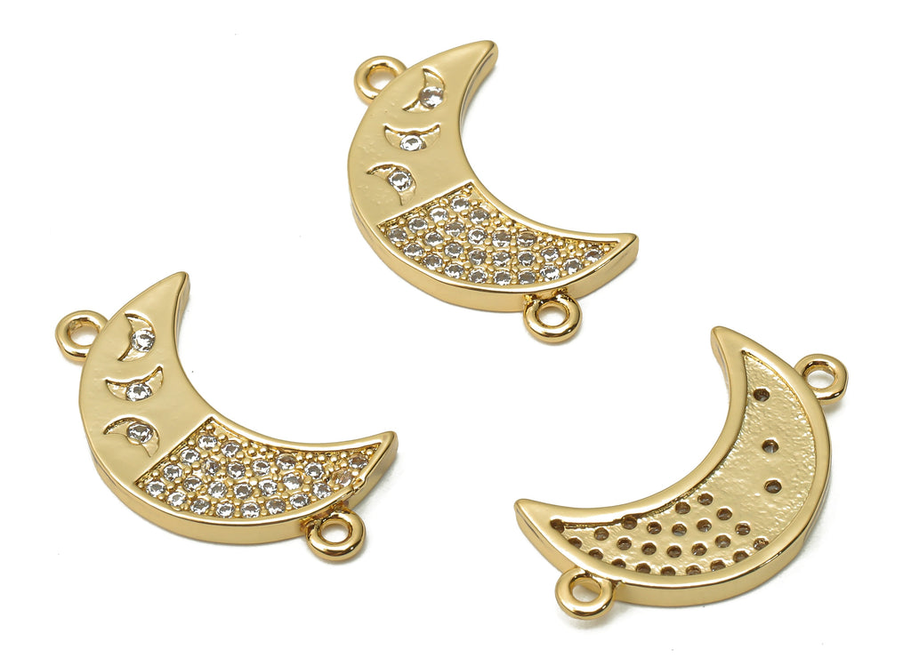 Brass Crescent Earrings Connectors with Zircon -  Brass Moon Earring Connectors - 18K Real Gold Plated Brass - 22.33x12.7x1.78mm - RGP4877 - DOMEDBAZAAR