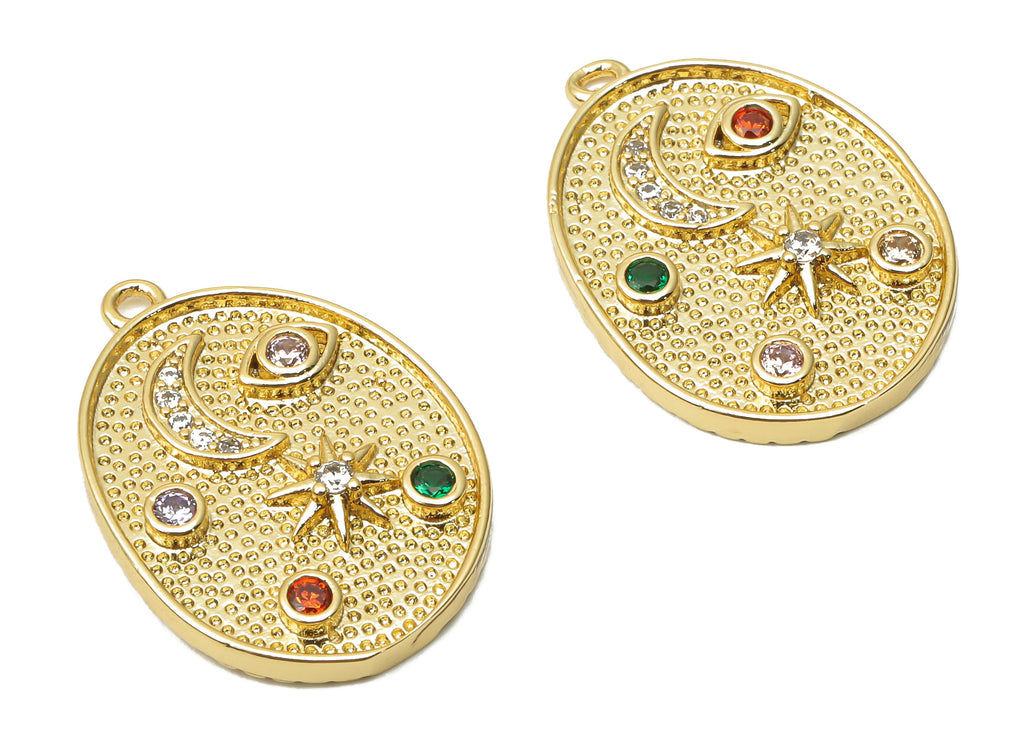 Brass Round Earring Charm Zircon - Brass Crescent Pendant - Eye Pendant - Star Pendant - 18K Real Gold Plated - 23.72x16.87x2.3mm - RGP4878 - DOMEDBAZAAR