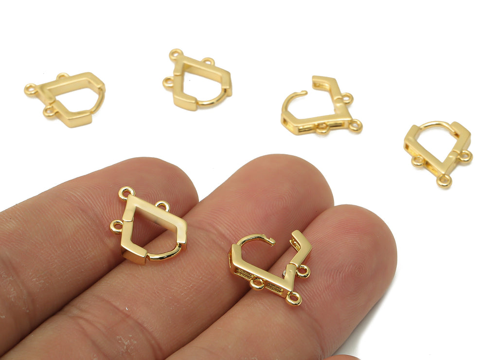 Brass V Earrings Clasps - Huggie Hoop With 3 Loop - Brass Drop Hoop Earrings - 18K Real Gold Plated Brass - 14.36x11.35x2.21mm - RGP4884 - DOMEDBAZAAR
