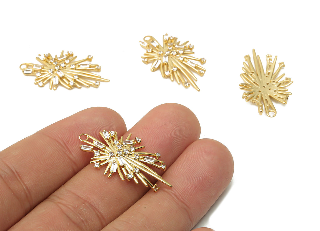 Brass Earrings Charms - Brass Spikes Sun Burst Earring With Zircon - Sun Burst Pendant - 18K Real Gold Plated - 30.67x 17.55x2.18mm -RGP4892 - DOMEDBAZAAR