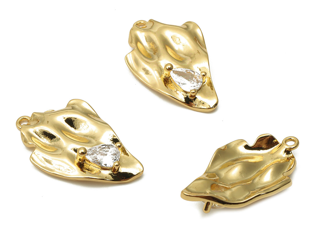 Brass Irregular Earring Charms - Brass Textured Earring With Zircon - For Necklace - 18K Real Gold Plated Pendant -23.7x14.23x2.13mm-RGP4907 - DOMEDBAZAAR