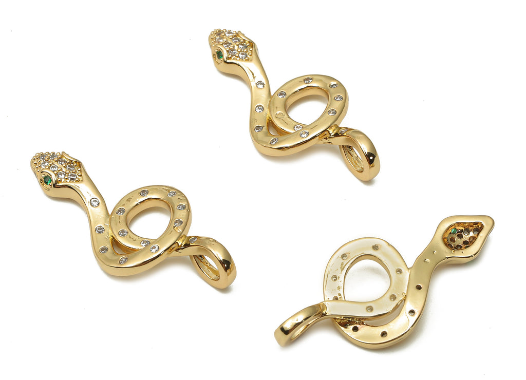 Brass Green Eye Snake Charms - Brass Dot Snake Necklace with Zircons - Snake Pendant  - 18K Real Gold Plated - 31.29x13.83x2.97mm - RGP4915 - DOMEDBAZAAR