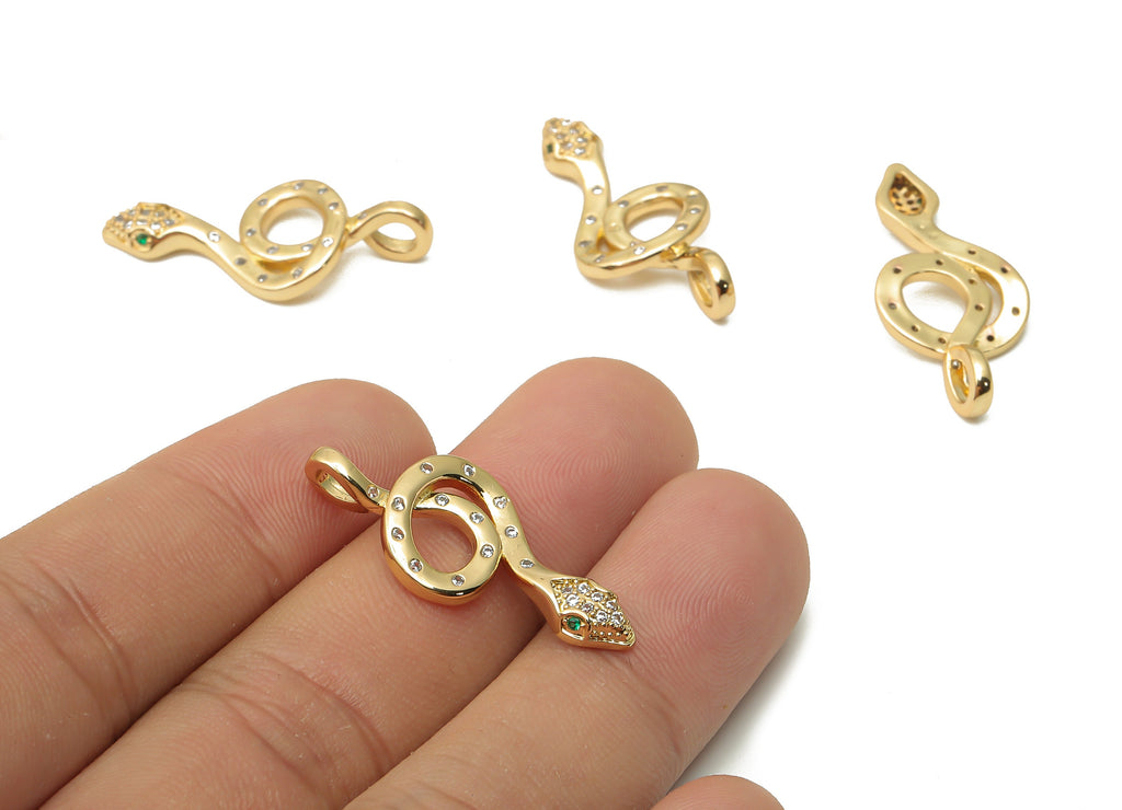 Brass Green Eye Snake Charms - Brass Dot Snake Necklace with Zircons - Snake Pendant  - 18K Real Gold Plated - 31.29x13.83x2.97mm - RGP4915 - DOMEDBAZAAR