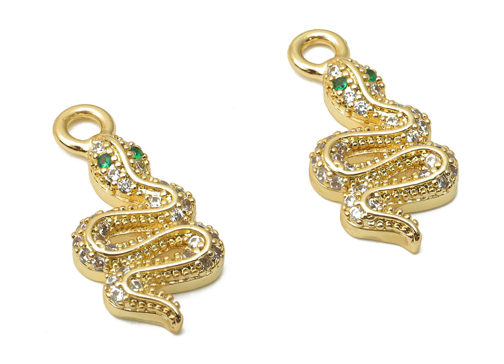 Brass Green Eye Snake Earring Charms - Brass Dot Snake Pendant with Zircon - For Necklace - 18K Real Gold Plated -21.93x10.03x3.16mm-RGP4916 - DOMEDBAZAAR