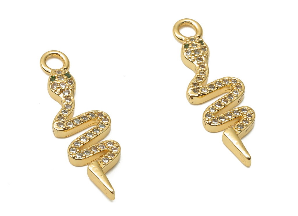 Brass Green Eye Snake Earring Charms - Brass Snake Pendant with Zircons - For Necklace- 18K Real Gold Plated - 26.25x8.08x2.28mm - RGP4926 - DOMEDBAZAAR