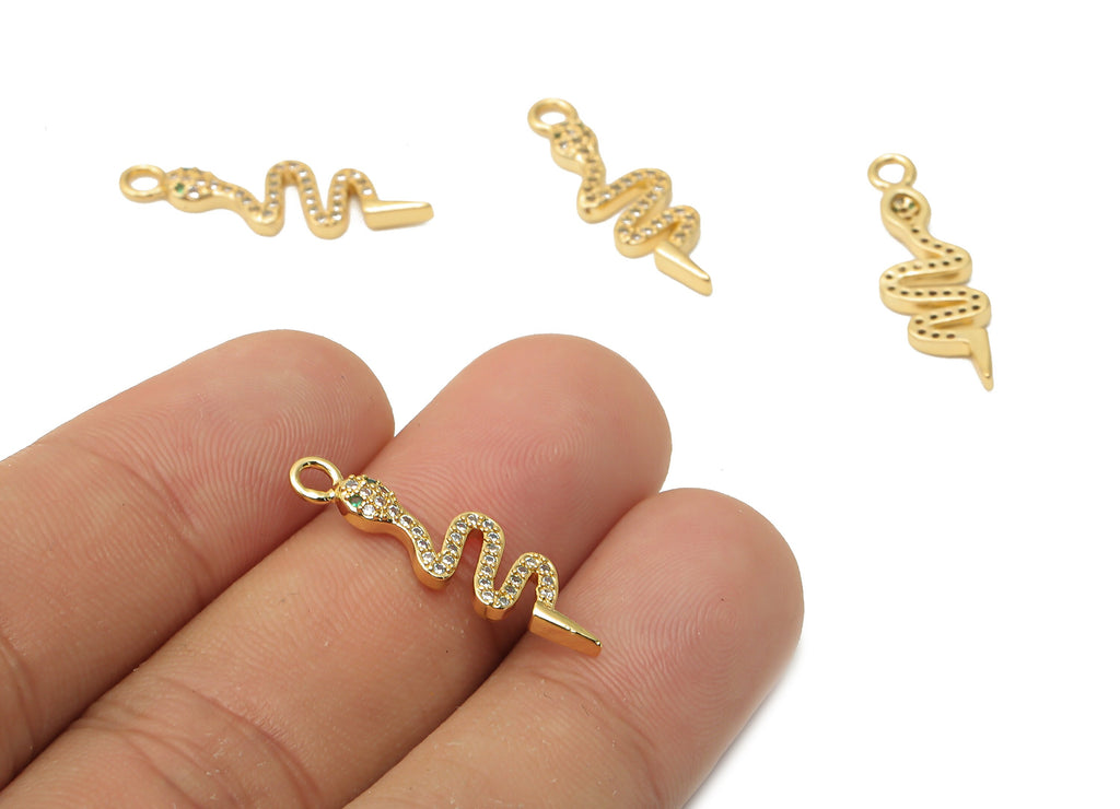 Brass Green Eye Snake Earring Charms - Brass Snake Pendant with Zircons - For Necklace- 18K Real Gold Plated - 26.25x8.08x2.28mm - RGP4926 - DOMEDBAZAAR