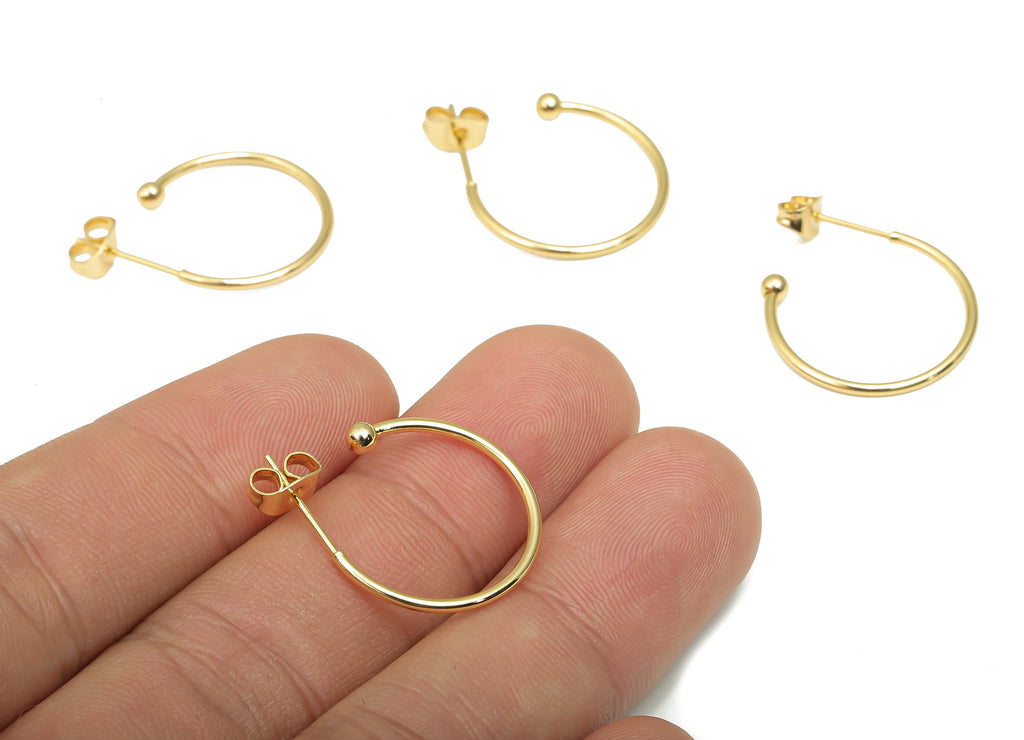 Brass Stud Earrings - Brass C Hoop Stud Earrings - 18K Real Gold Plated Brass Post Earring - Earring Findings -25.54x19.67x2.78mm- RGP4558 - DOMEDBAZAAR