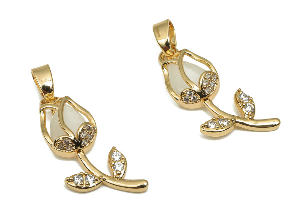 Brass Flower Charms - Brass CZ Paved Shell Rose Pendant - 18K Real Gold Plated Brass - Jewelry Supplies - 25.92x8.81x3.51mm - RGP4588 - DOMEDBAZAAR