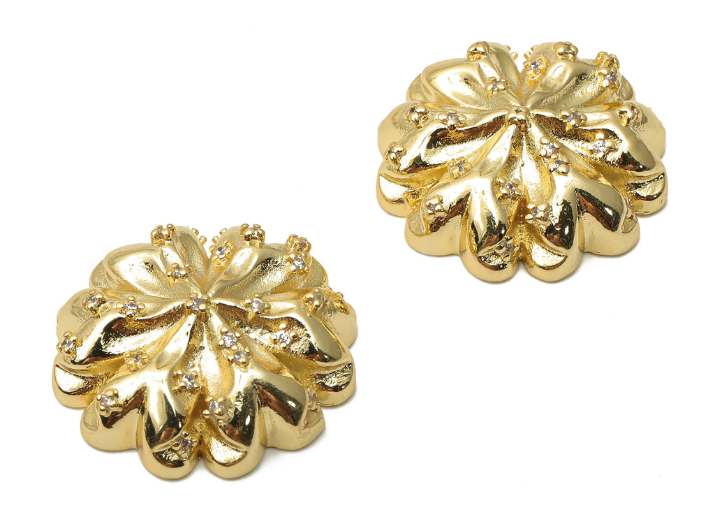 Brass Flower Earrings Big Charm With Zircons - Brass Thick Pendant - Brass Flower Charms- 18K Real Gold Plated - 24.72x24.72x8.6mm - RGP4972 - DOMEDBAZAAR