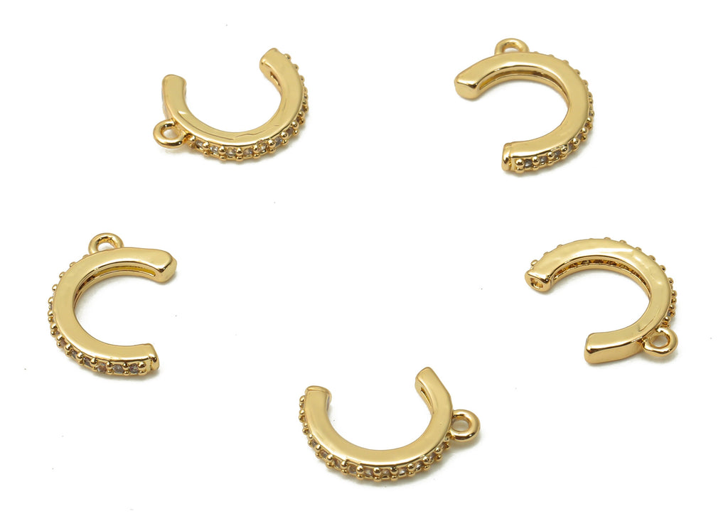 Brass C Earring Charms with Zircon - Gold plated Hoop C With Loop - Open Hoop Pendant - 18K Real Gold Plated - 10.13x6.37x1.34mm-RGP4981 - DOMEDBAZAAR