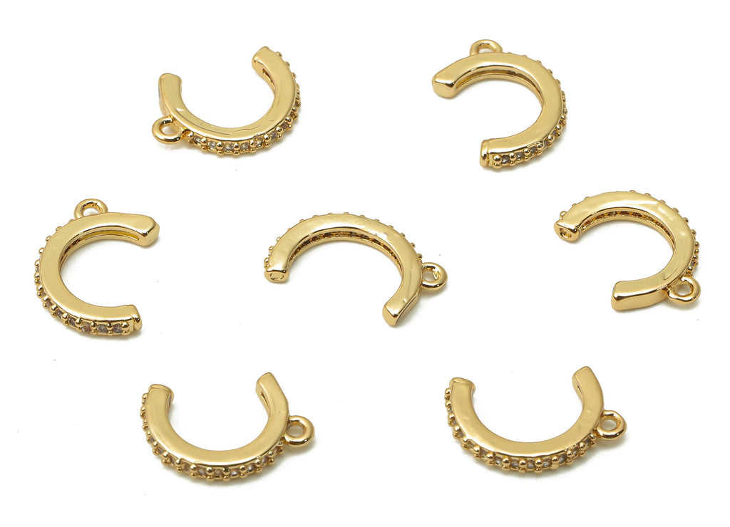 Brass C Earring Charms with Zircon - Gold plated Hoop C With Loop - Open Hoop Pendant - 18K Real Gold Plated - 10.13x6.37x1.34mm-RGP4981 - DOMEDBAZAAR