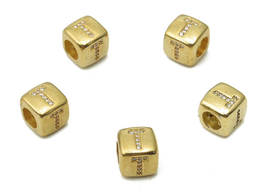 Alphabet Cube Bead T - Brass Initial Letter T - Raw Brass Zircon Letters Beads - Letter T Cube Bead - 8.63x8.63x 8.46mm - PP7804T - DOMEDBAZAAR