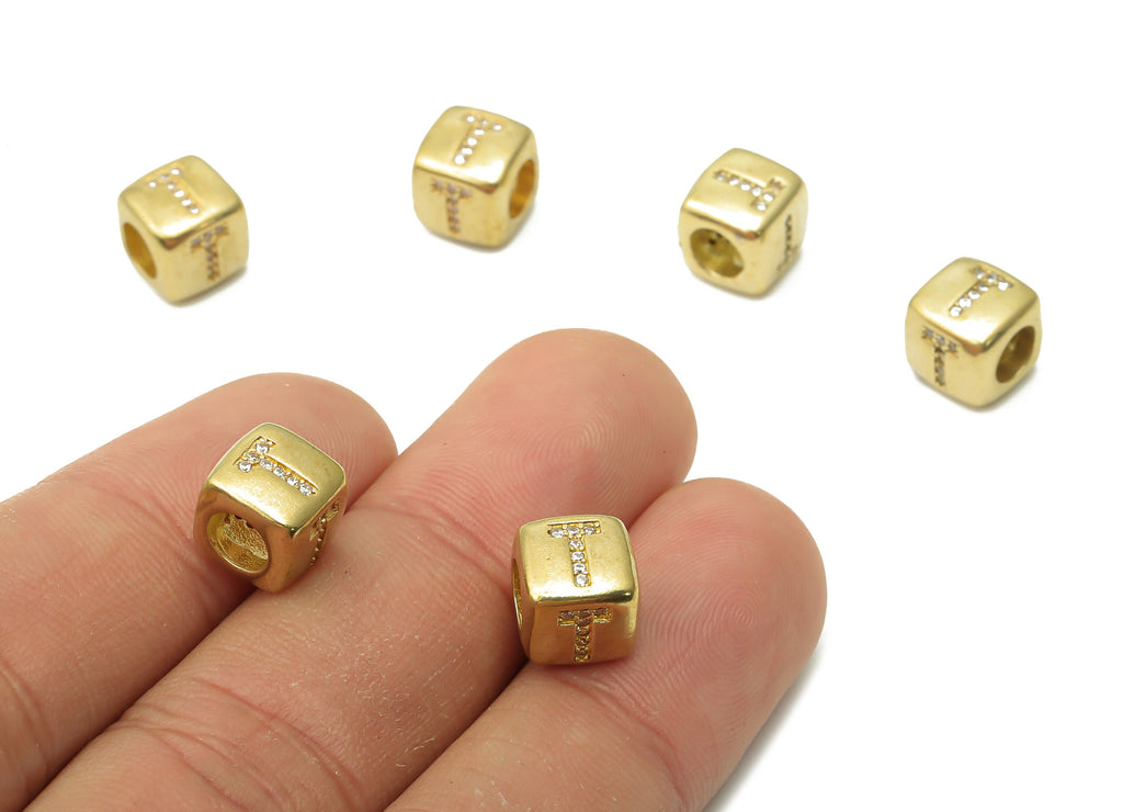 Alphabet Cube Bead T - Brass Initial Letter T - Raw Brass Zircon Letters Beads - Letter T Cube Bead - 8.63x8.63x 8.46mm - PP7804T - DOMEDBAZAAR