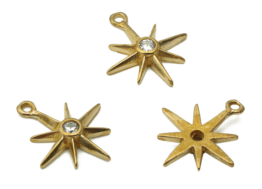 Brass Planet Earring Charms - Raw Brass North Star Charm With Zircon - Brass North Star Pendant - Earring Charm - 15.6x13.8x2.56mm - PP7681 - DOMEDBAZAAR