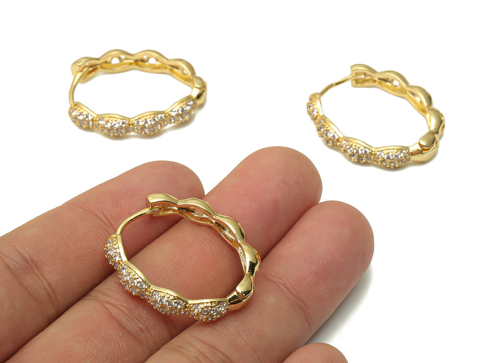 Brass Oval Huggie Hoop Earrings with Zircon - Brass Zigzag Hoop Earrings -Huggie Hoop - 18K Real Gold Plated - 29.54x23.94x5.09mm - RGP4780 - DOMEDBAZAAR