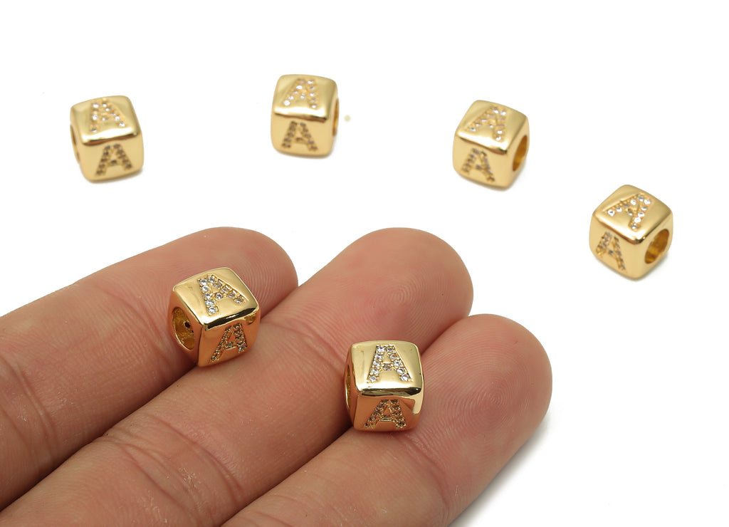 Alphabet Cube Bead A - Initial Letter A - Letters Beads Bracelet - Zircon Bead Necklace - 18K Real Gold Plated - 8.63x8.63x8.46mm - RGP4782A - DOMEDBAZAAR